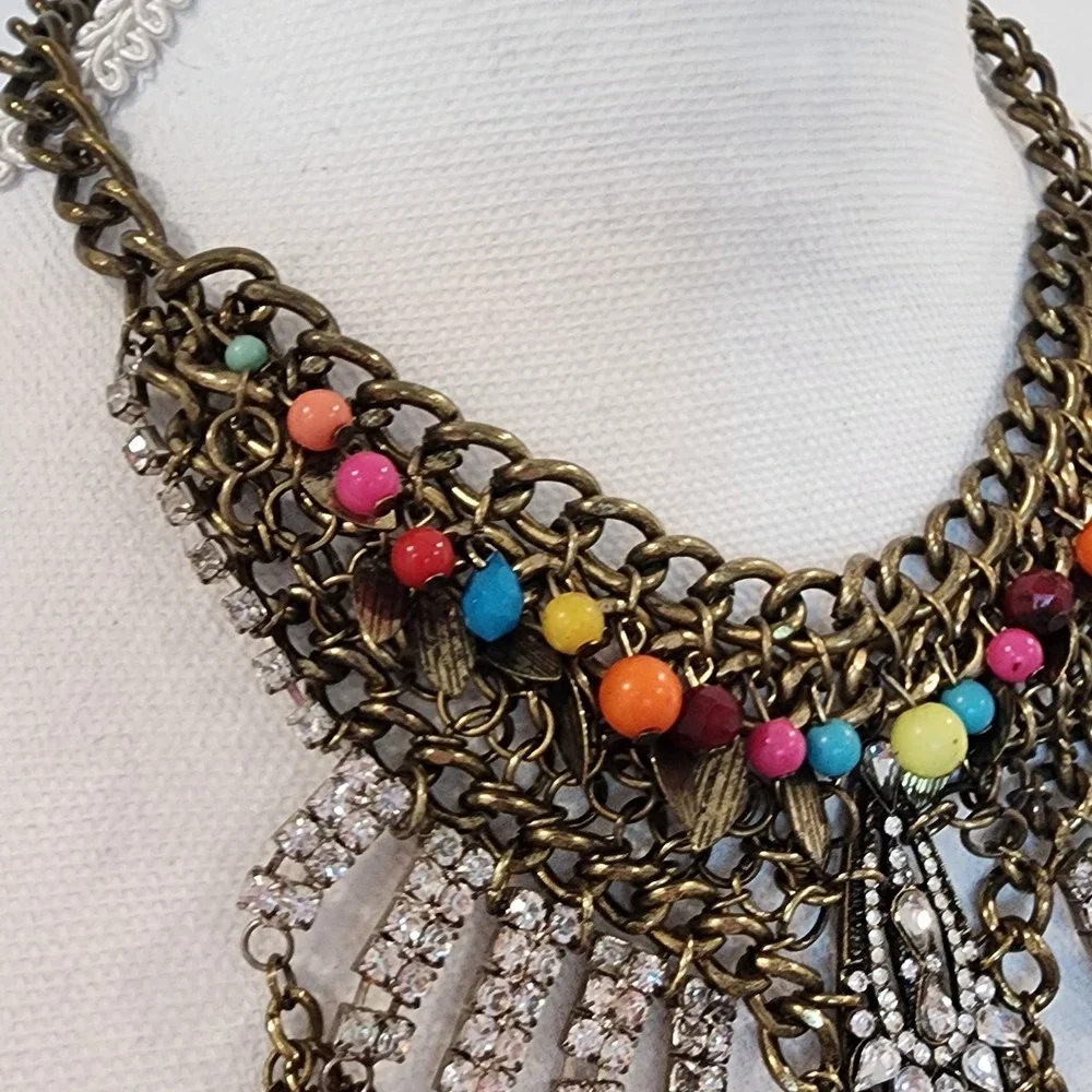 Bohemian Antique Brass‎ Statement Bib Necklace Rhinestone Multicolor Bead Leaf